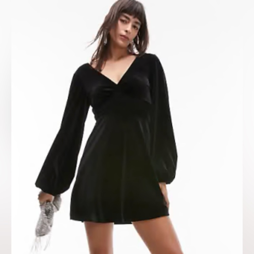TOPSHOP BRAND NEW CROSS BACK BLACK VELVET A-LINE TEA DRESS W/ BELL SLEEVES SZ 4